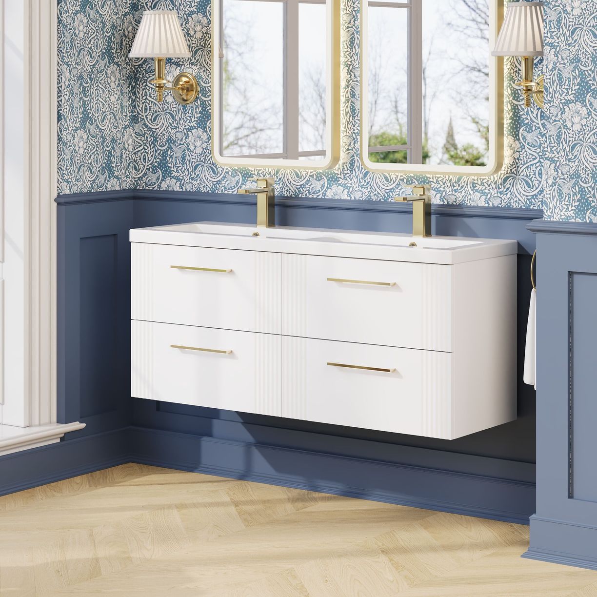 1200mm W/H 4-Drawer Vanity & Double Basin - Satin White