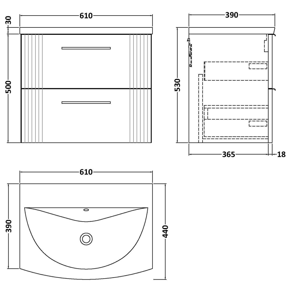 600mm W/H 2-Drawer Vanity & Basin 4 - Satin White