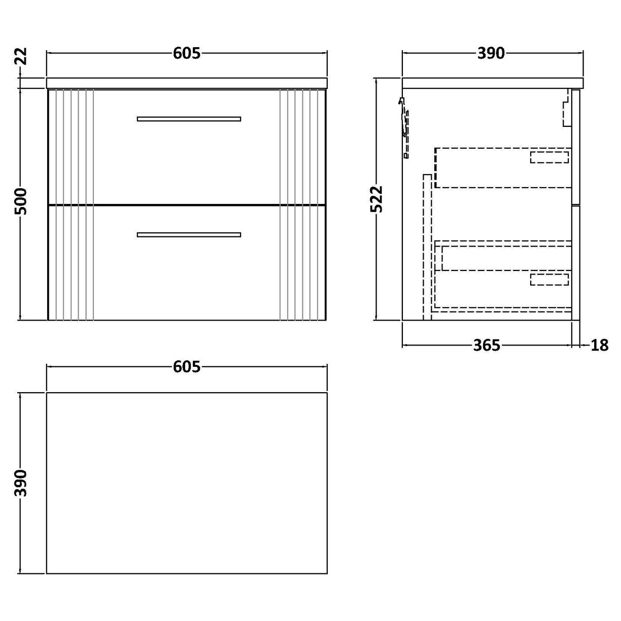 600mm W/H 2-Drawer Vanity & Laminate Top - Satin White