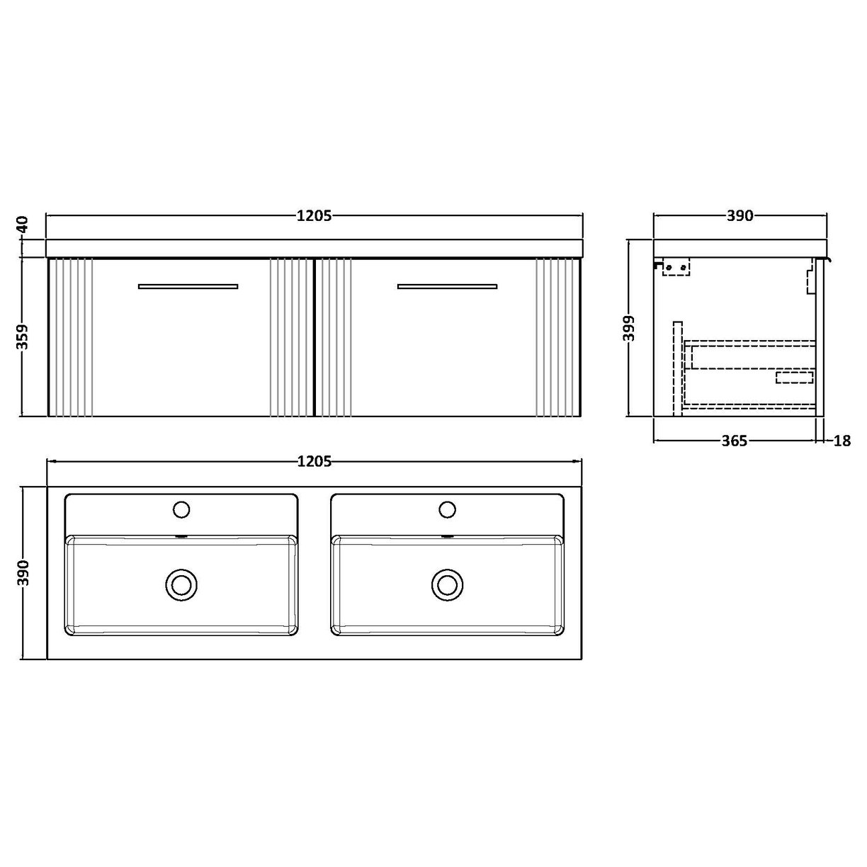 1200mm W/H 2-Drawer Vanity & Double Basin - Satin White