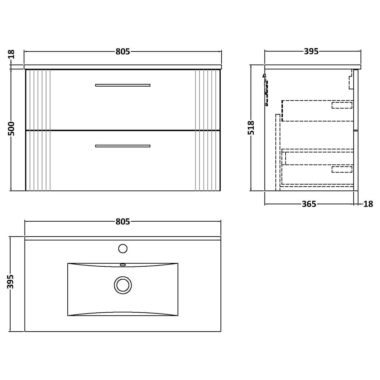 800mm W/H 2-Drawer Vanity & Basin 2 - Satin White