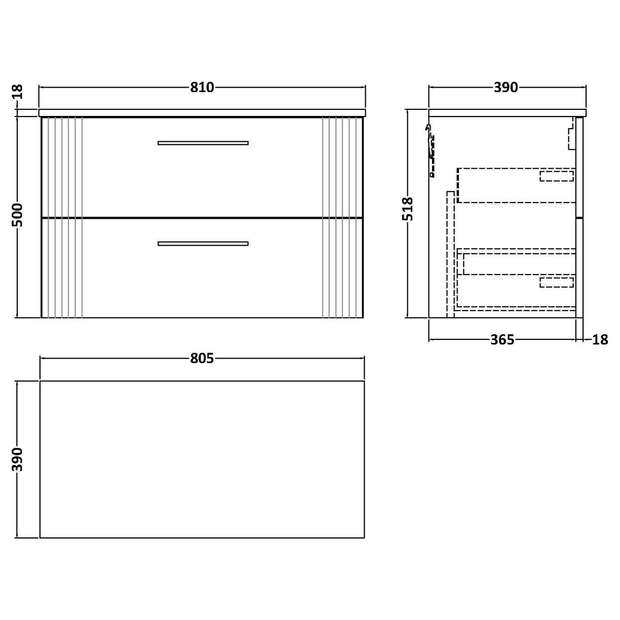 800mm W/H 2-Drawer Vanity & Worktop - Satin White