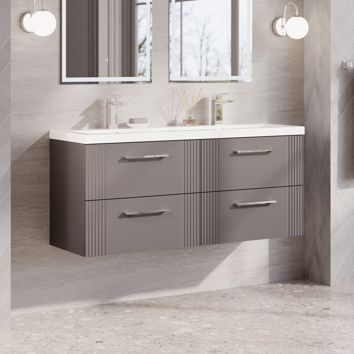 1200mm W/H 4-Drawer Vanity & Double Basin - Satin Grey