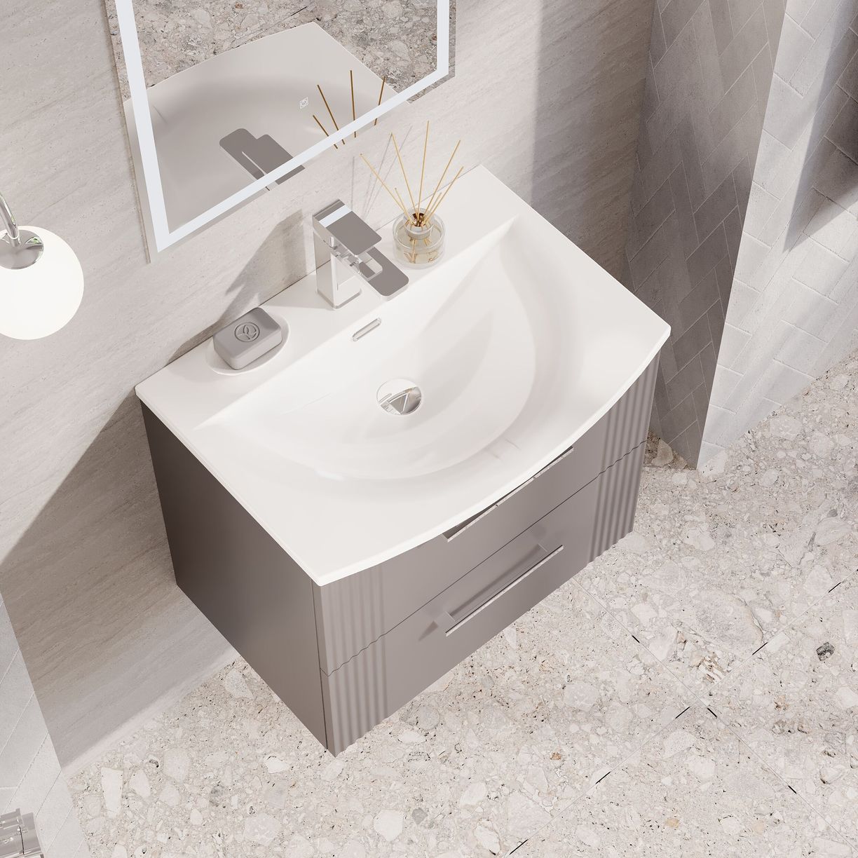 600mm W/H 2-Drawer Vanity & Basin 4 - Satin Grey