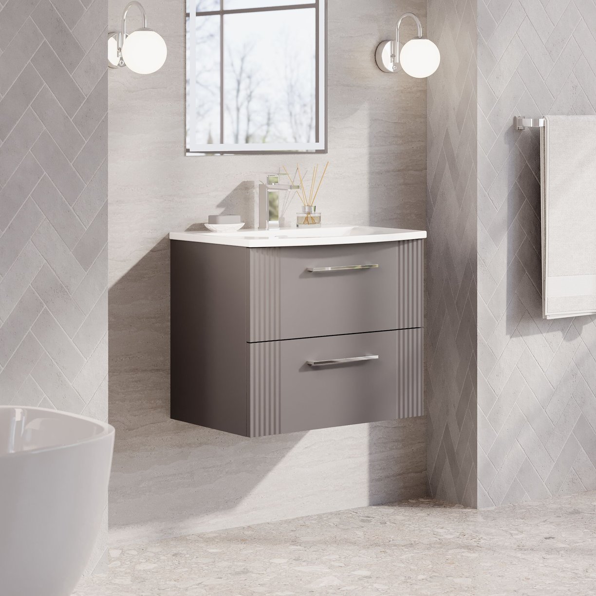 600mm W/H 2-Drawer Vanity & Basin 4 - Satin Grey