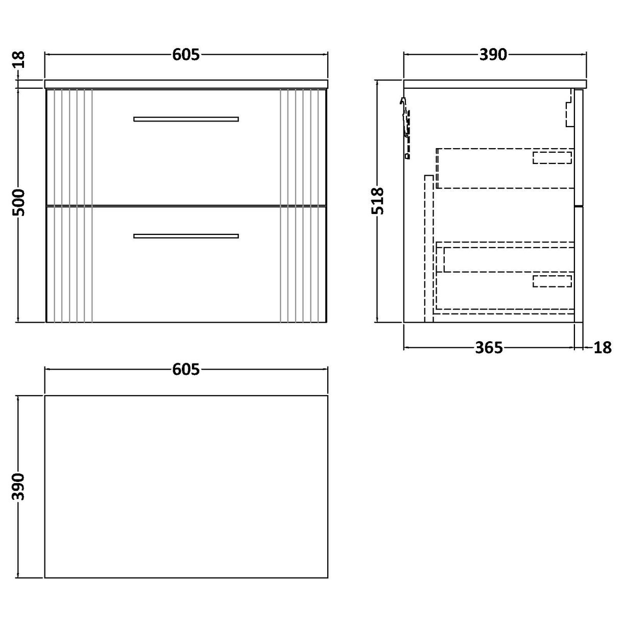 600mm W/H 2-Drawer Vanity & Worktop - Satin Grey