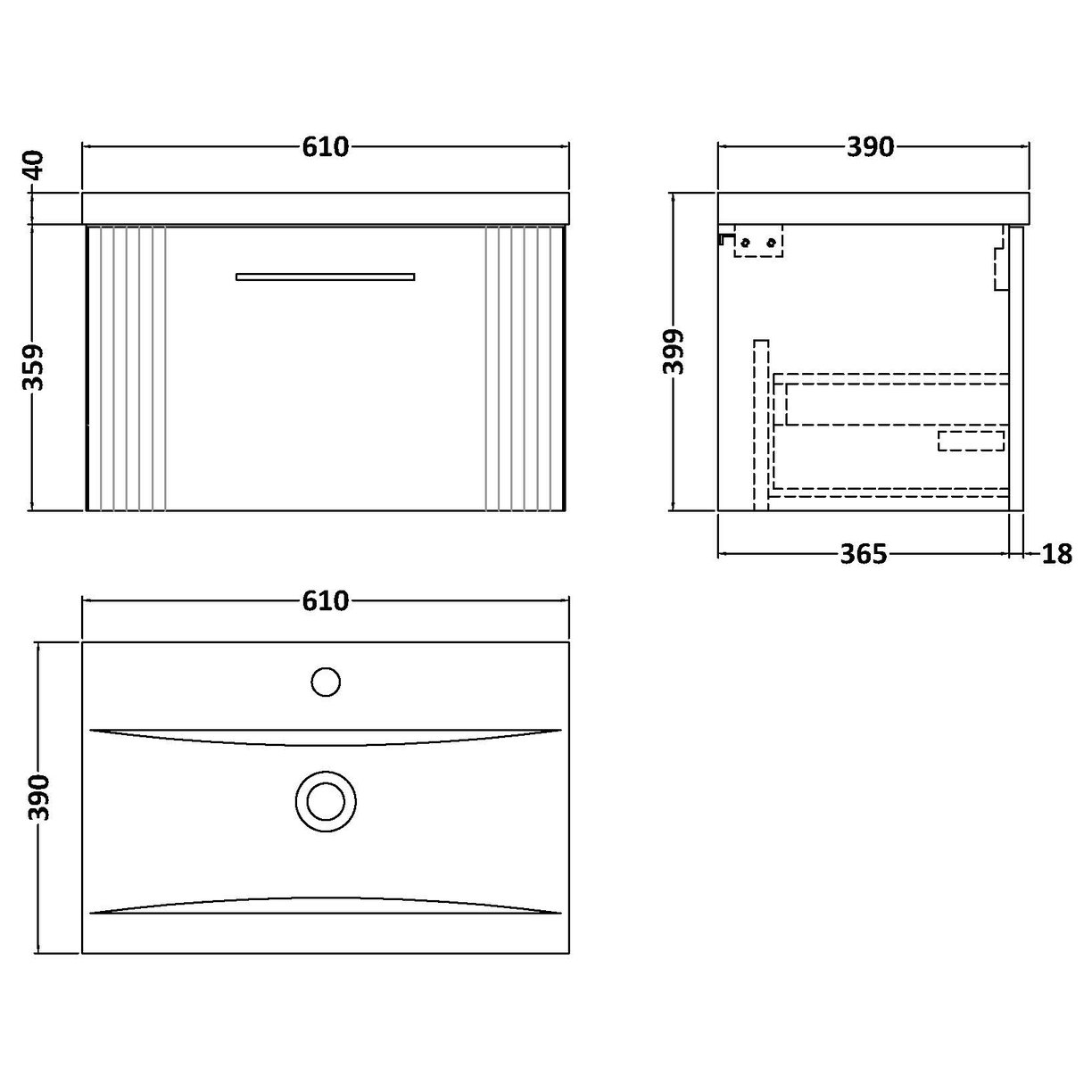 600 W/H Single Drawer Vanity & Basin 1