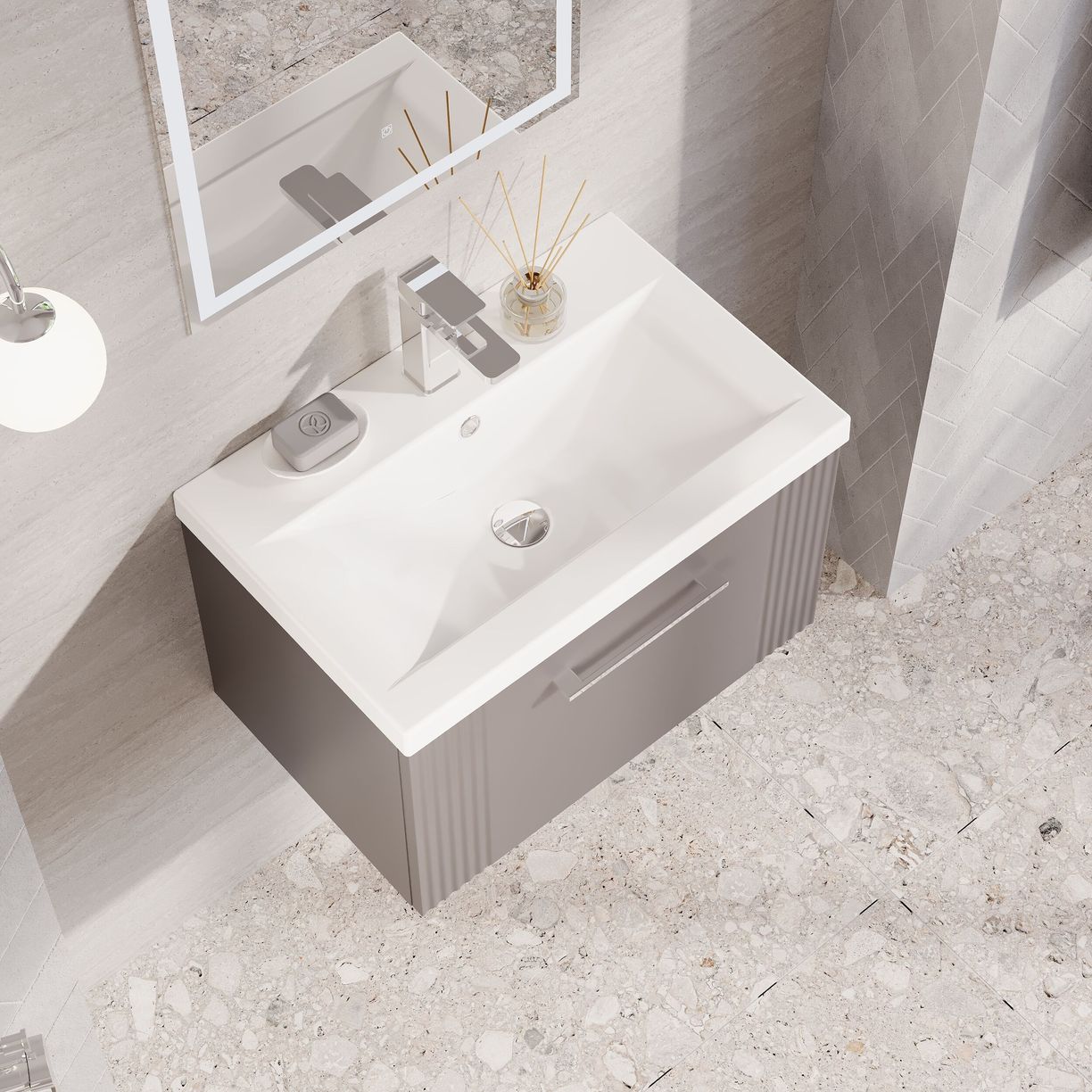 600mm W/H Single Drawer Vanity & Basin 1 - Satin Grey