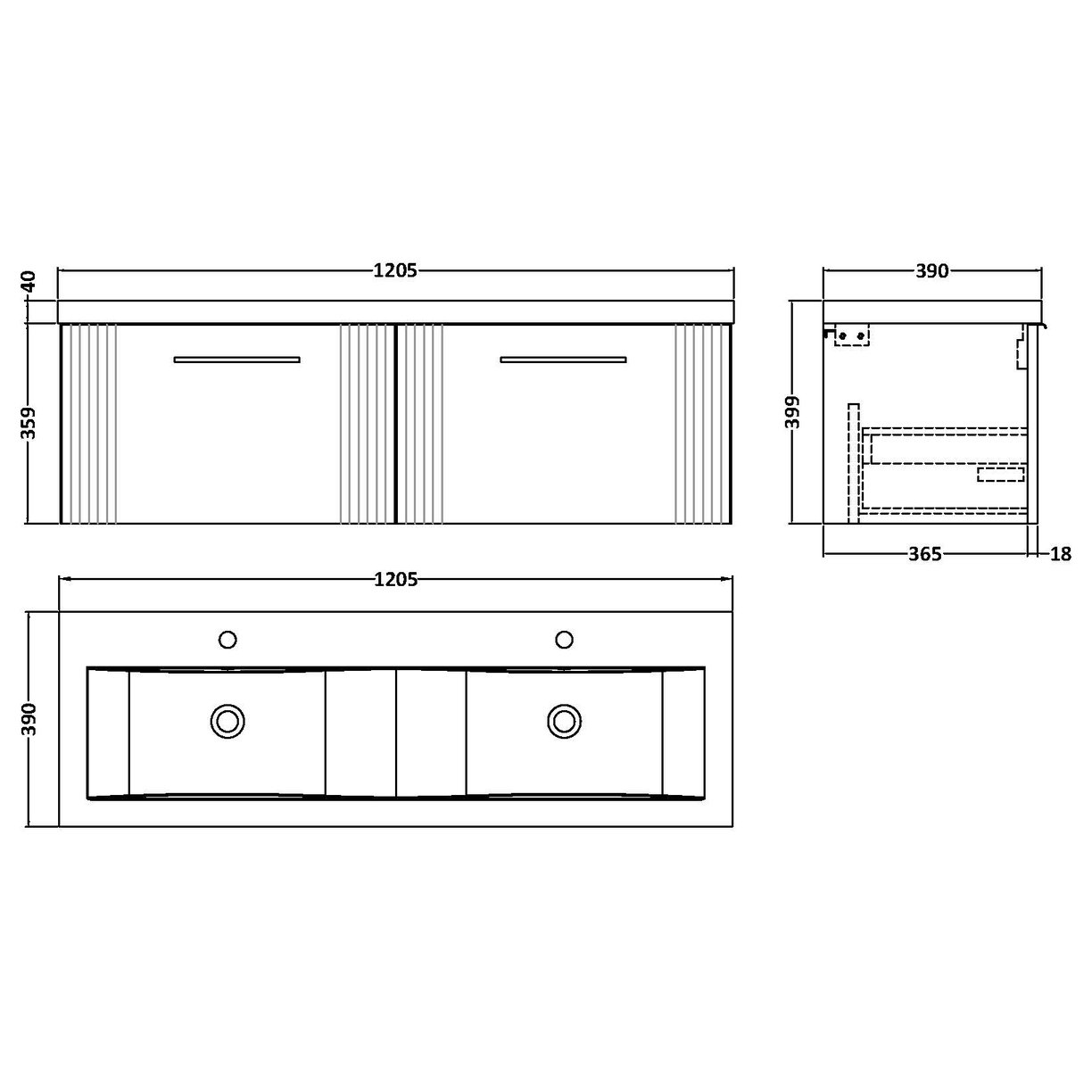 1200 W/H 2-Drawer Vanity & Double Basin