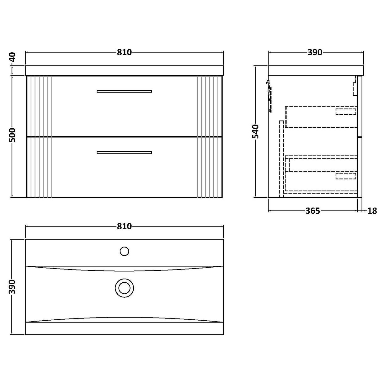 800mm W/H 2-Drawer Vanity & Basin 1 - Satin Grey