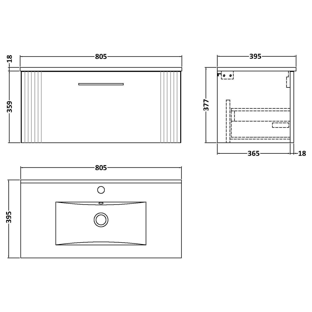 800mm W/H Single Drawer Vanity & Basin 2 - Satin Grey