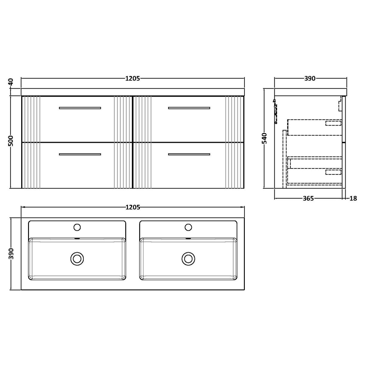 1200 W/H 4-Drawer Vanity & Double Basin