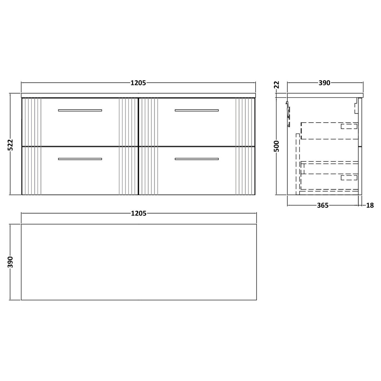 1200mm W/H 4-Drawer Vanity & Laminate Top - Satin Blue