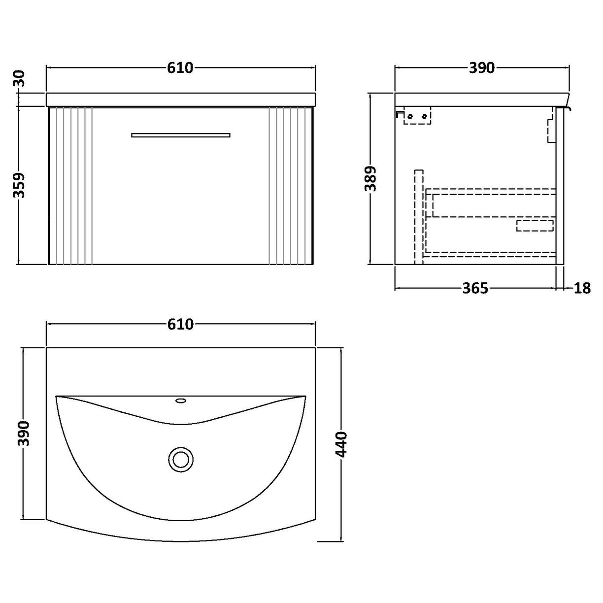 600mm W/H Single Drawer Vanity & Basin 4 - Satin Blue