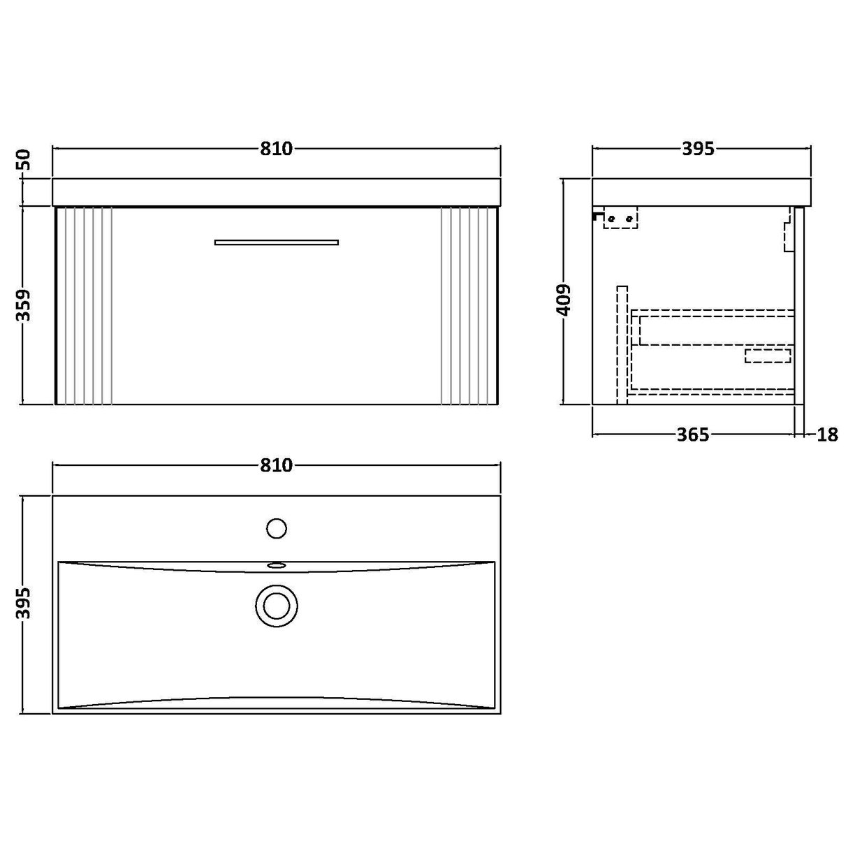 800mm W/H Single Drawer Vanity & Basin 3 - Satin Blue