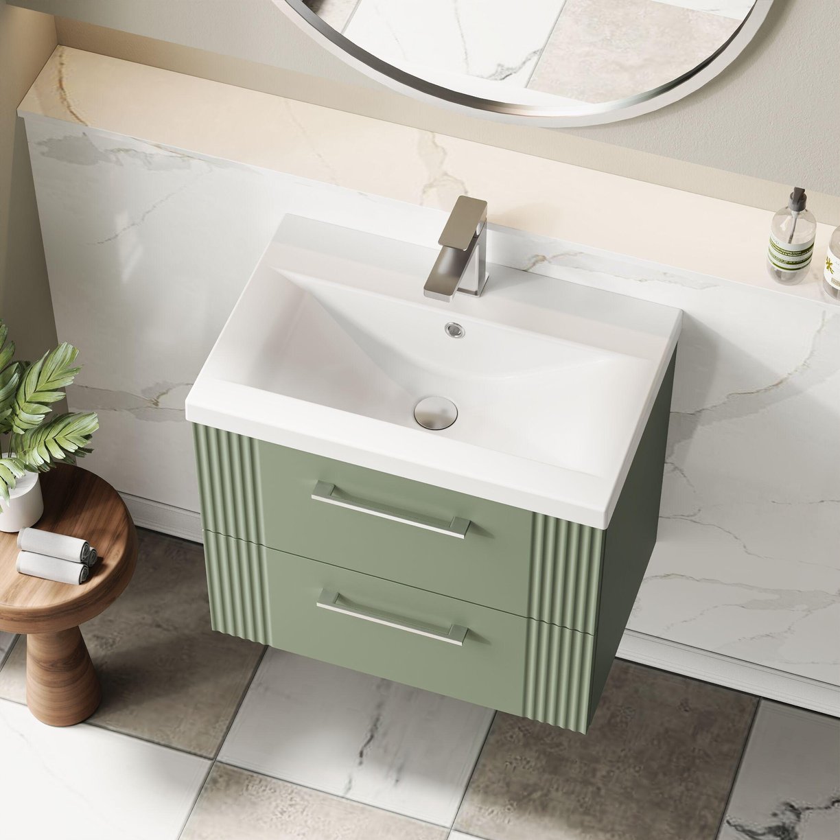 600mm W/H 2-Drawer Vanity & Basin 1 - Satin Green