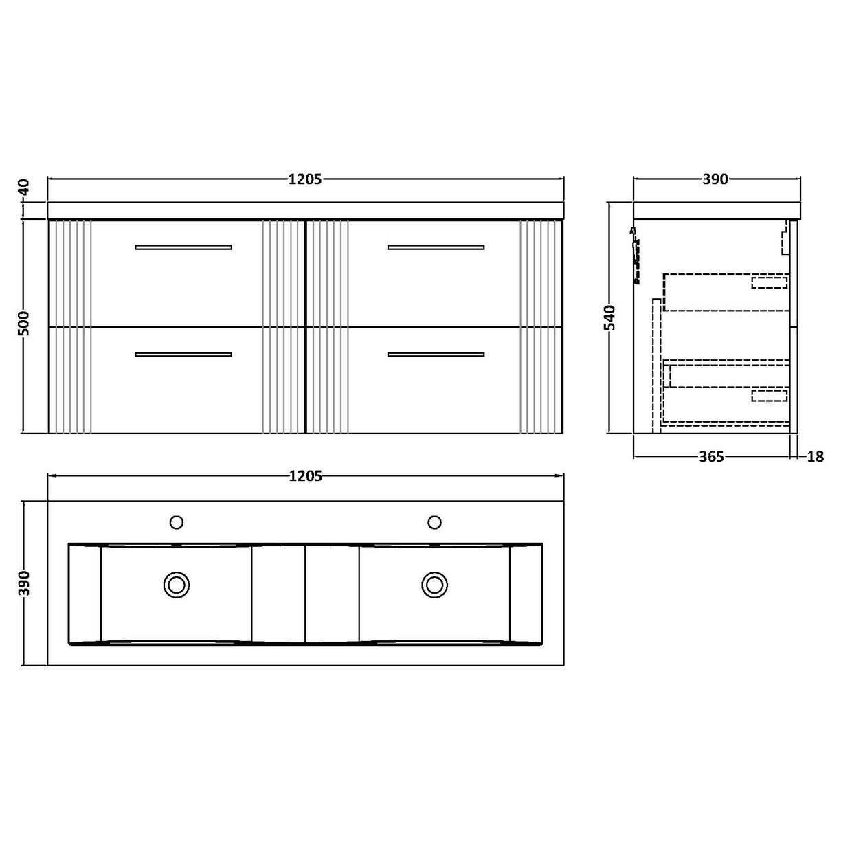 1200 W/H 4-Drawer Vanity & Double Basin