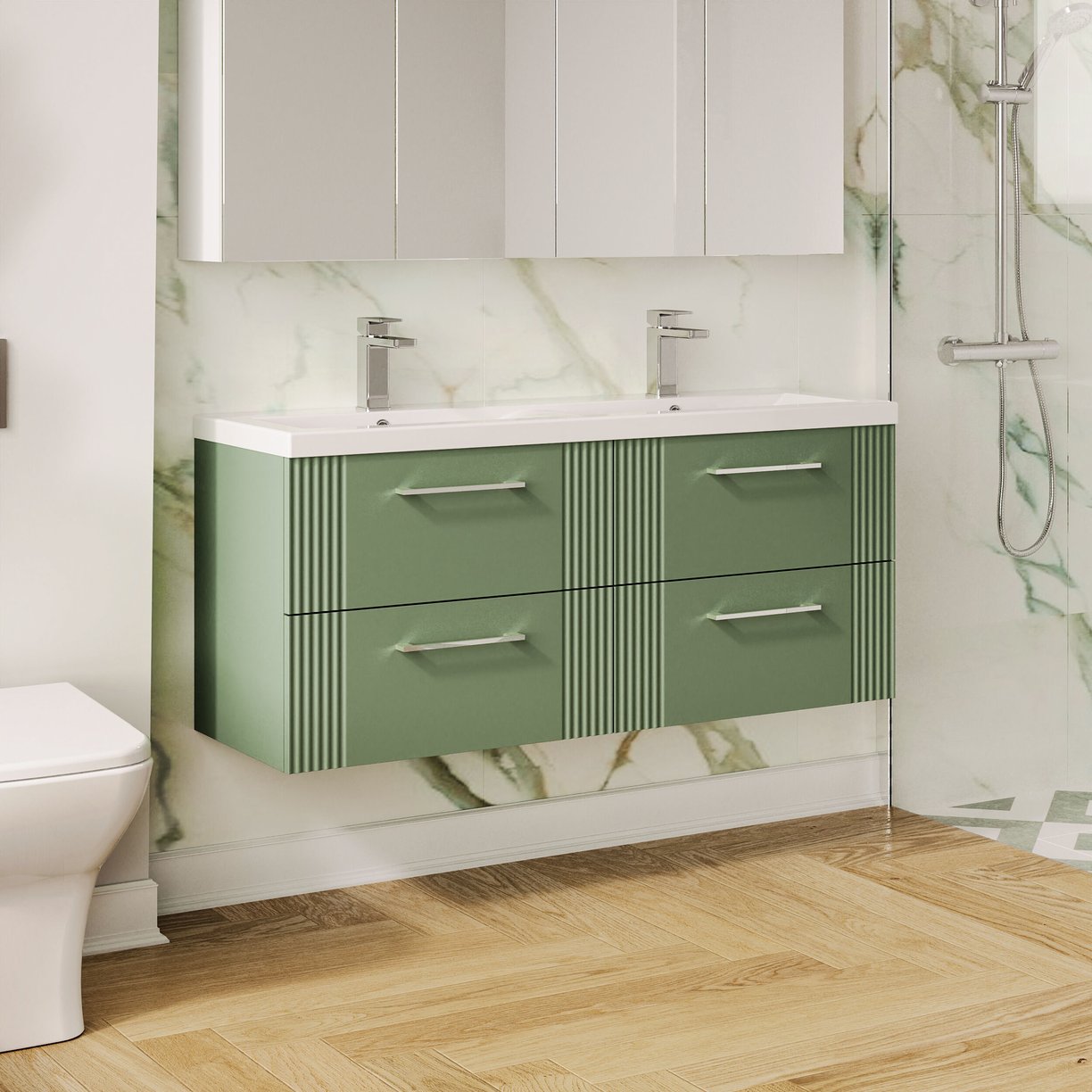 1200mm W/H 4-Drawer Vanity & Double Basin - Satin Green