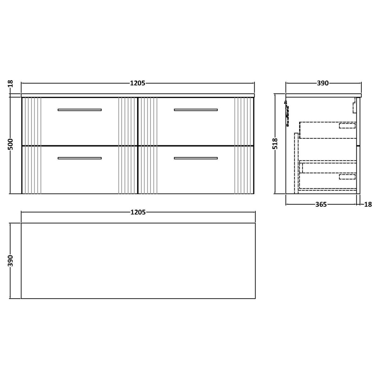 1200 W/H 4-Drawer Vanity & Worktop