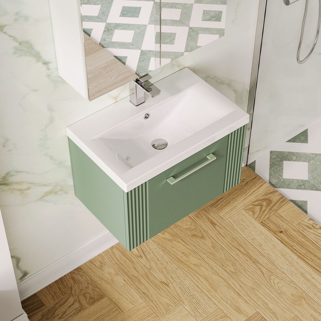 600mm W/H Single Drawer Vanity & Basin 1 - Satin Green