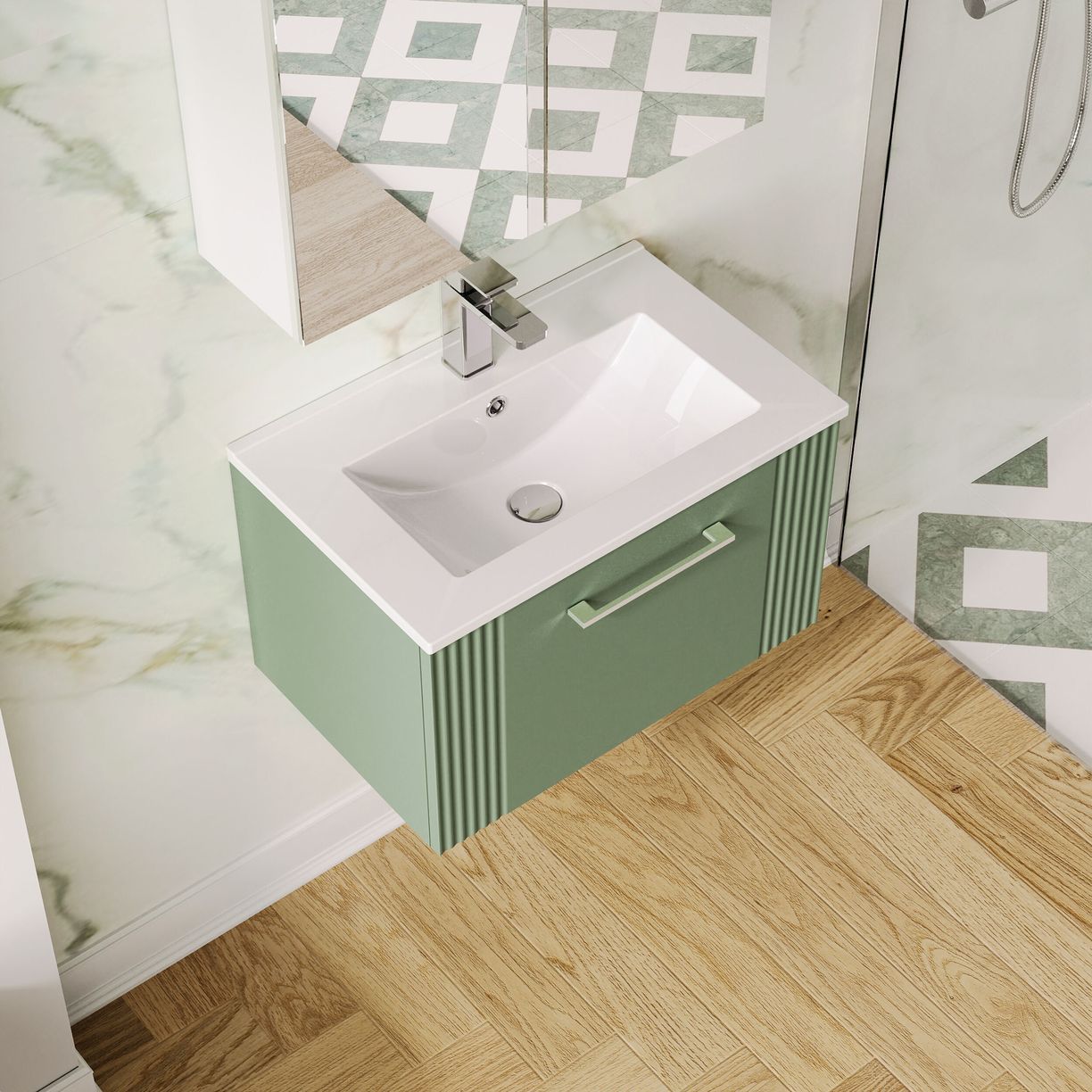 600mm W/H Single Drawer Vanity & Basin 2 - Satin Green
