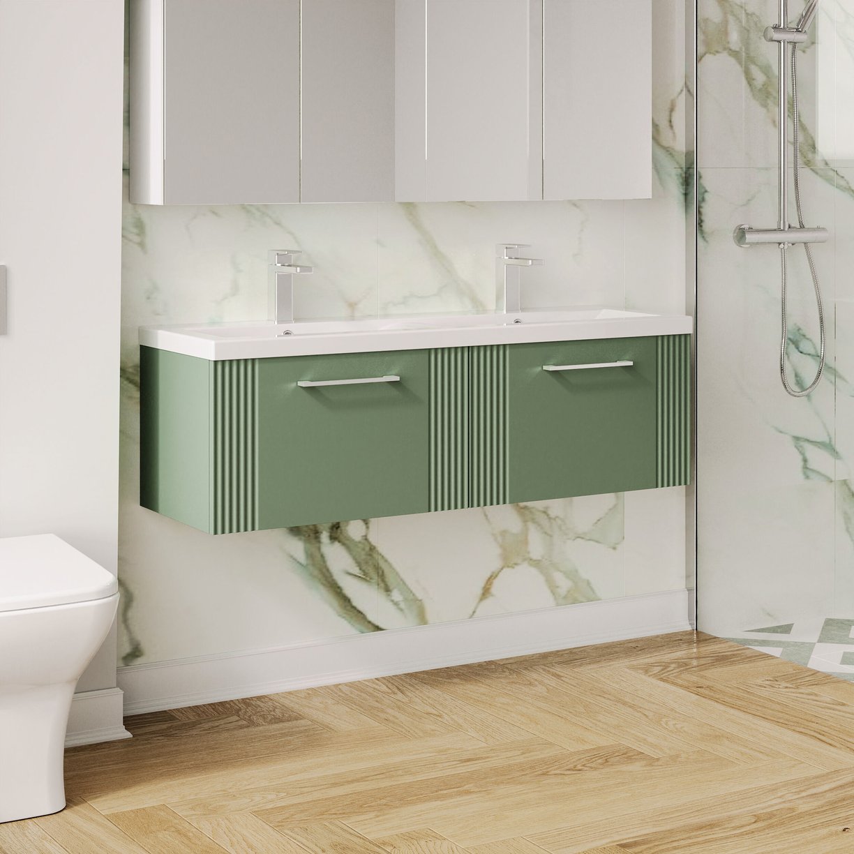 1200mm W/H 2-Drawer Vanity & Double Basin - Satin Green