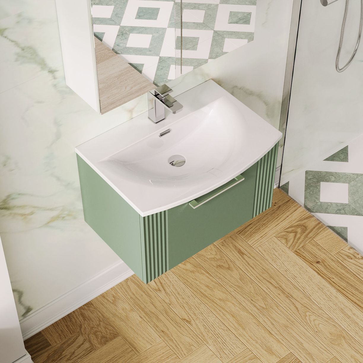 600mm W/H Single Drawer Vanity & Basin 4 - Satin Green