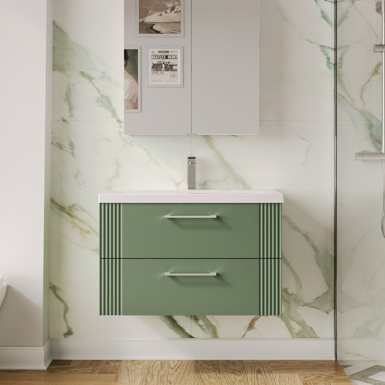 800mm W/H 2-Drawer Vanity & Basin 1 - Satin Green
