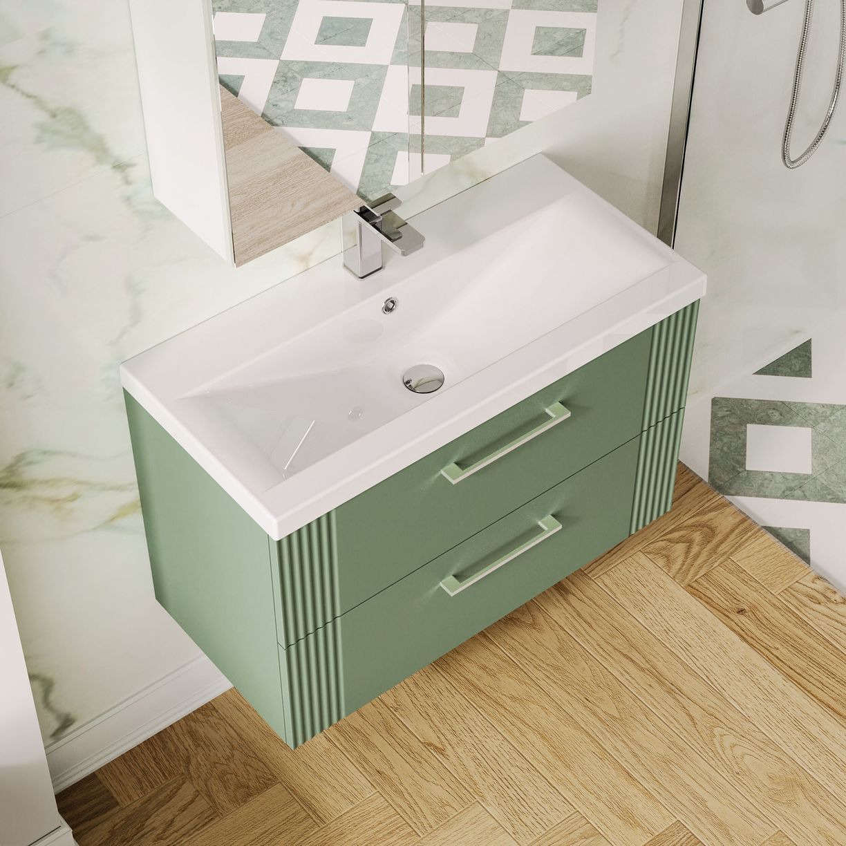 800mm W/H 2-Drawer Vanity & Basin 1 - Satin Green