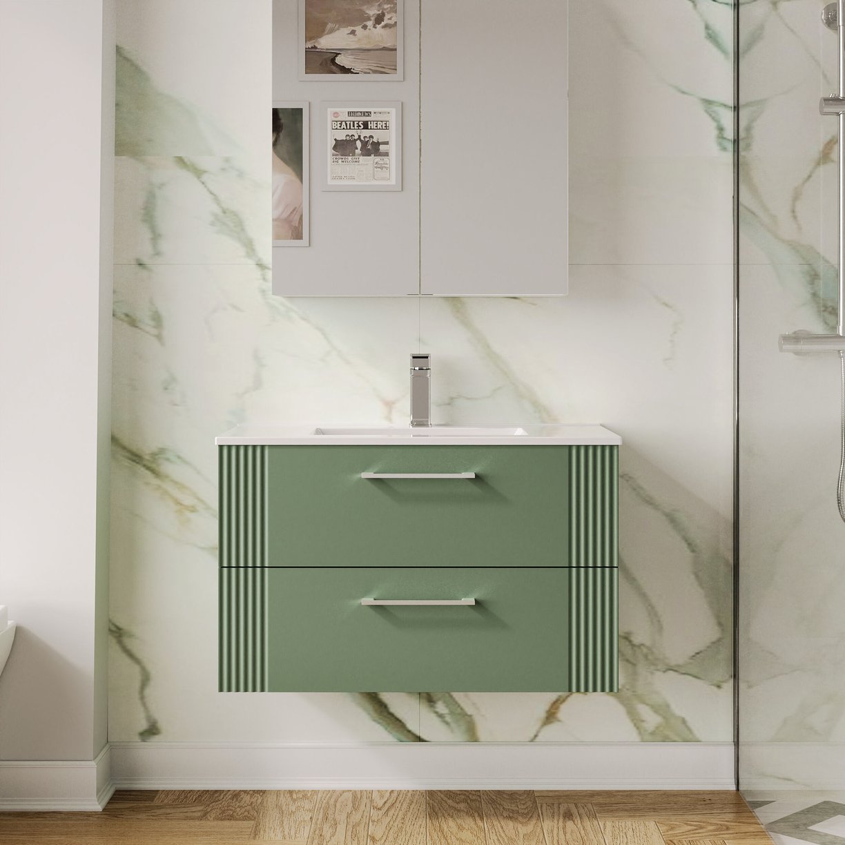 800mm W/H 2-Drawer Vanity & Basin 2 - Satin Green