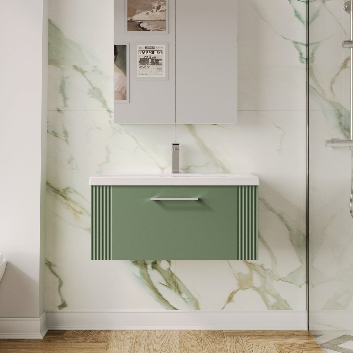 800mm W/H Single Drawer Vanity & Basin 1 - Satin Green