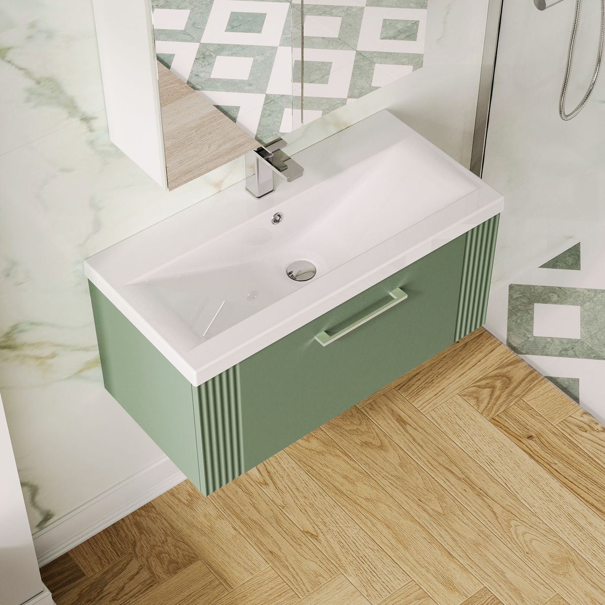 800mm W/H Single Drawer Vanity & Basin 1 - Satin Green