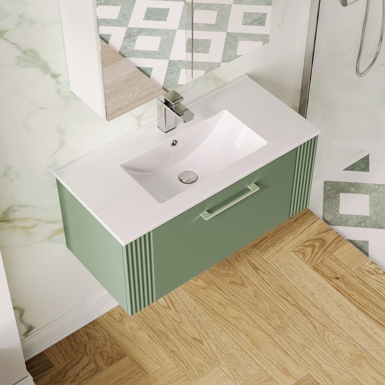 800mm W/H Single Drawer Vanity & Basin 2 - Satin Green