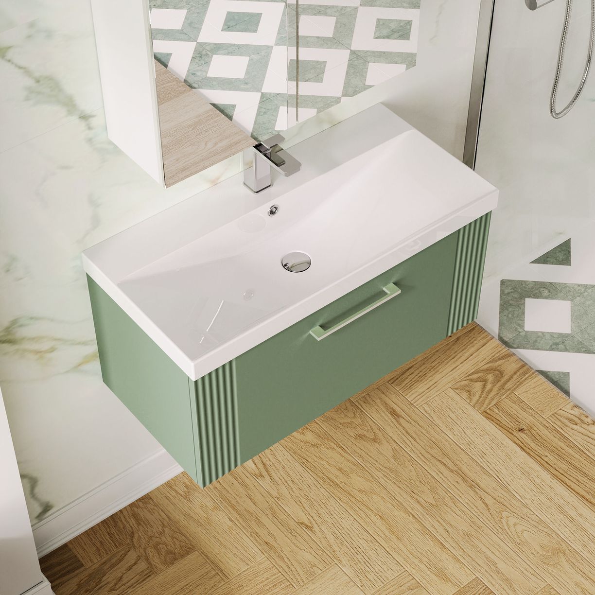 800mm W/H Single Drawer Vanity & Basin 3 - Satin Green
