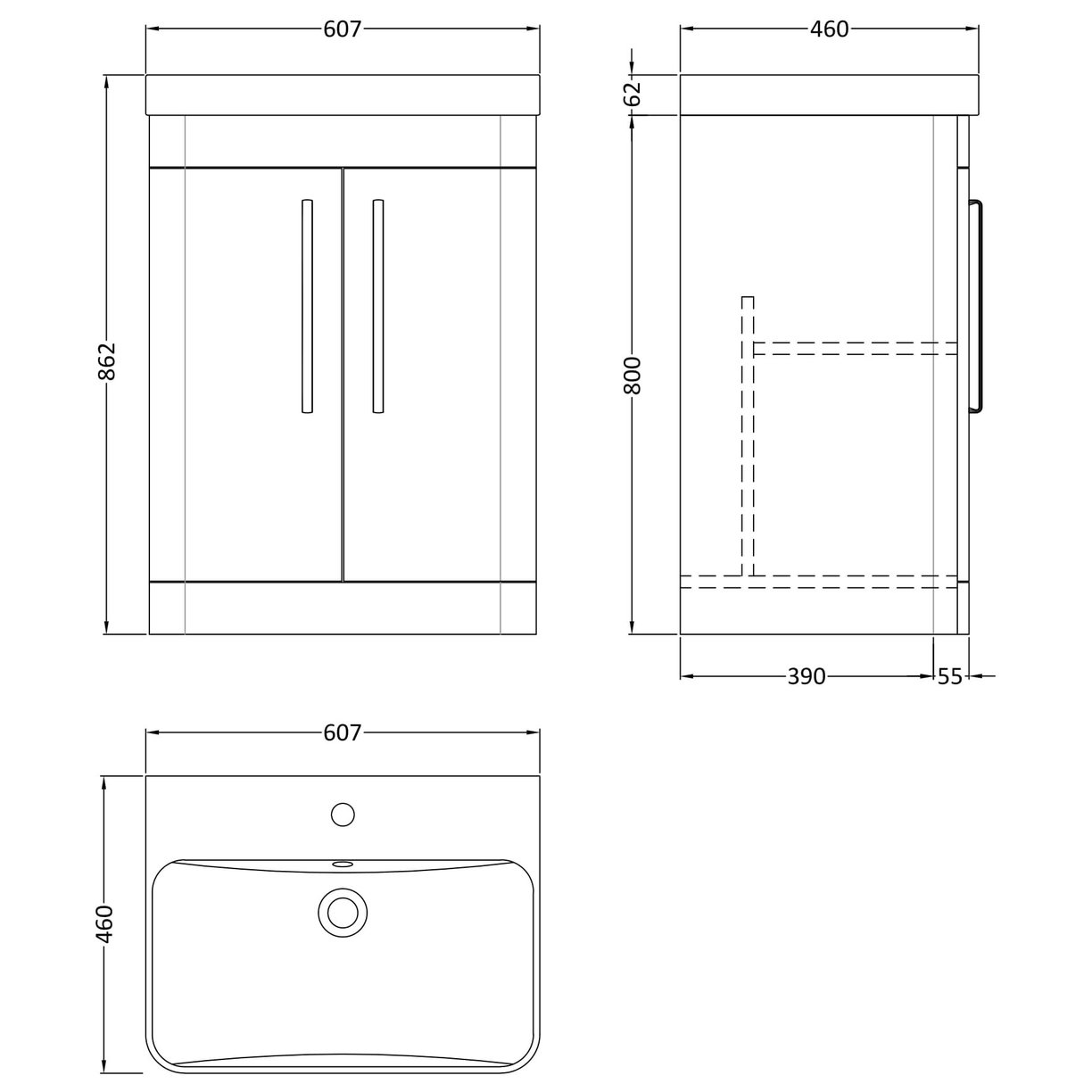 600mm Floor Standing 2 Door Vanity & Thin Edge Ceramic Basin