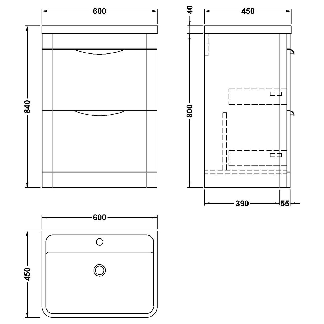Parade 600mm F/S 2 Drawer Basin & Cabinet - Satin Soft Black