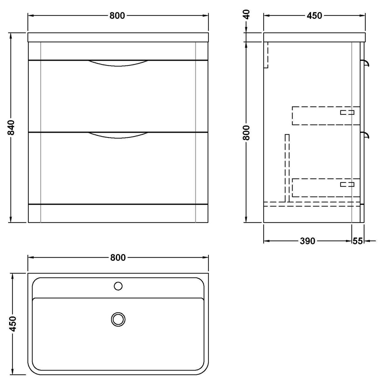 Parade 800mm F/S 2 Drawer Basin & Cabinet - Satin Soft Black