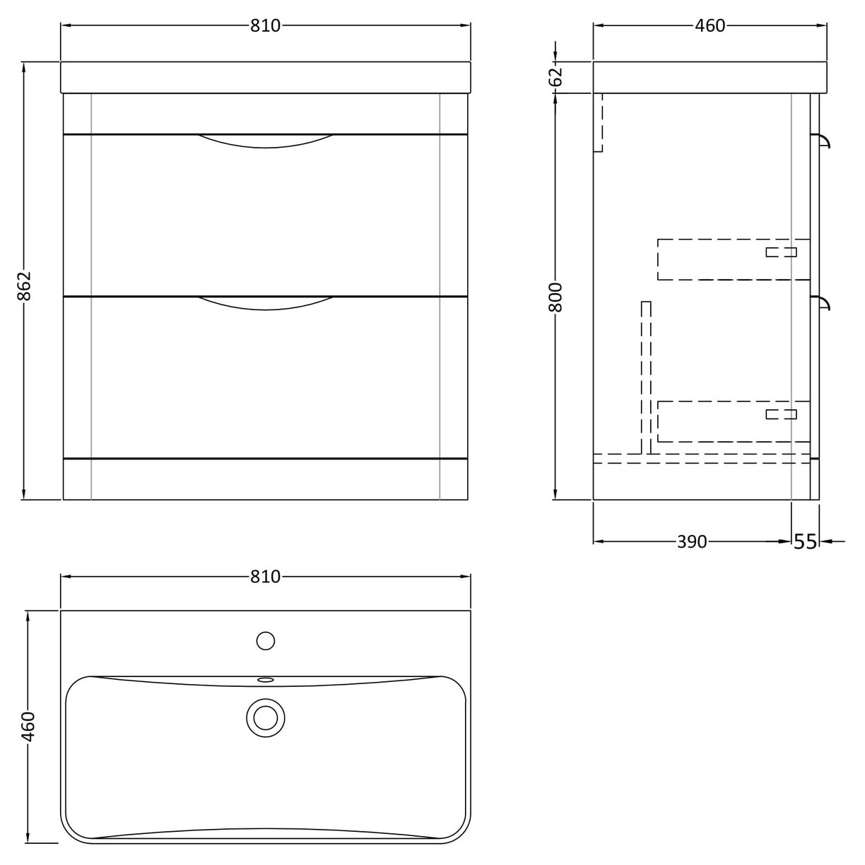 800mm Floor Standing 2 Drawer Vanity & Thin Edge Ceramic Basin
