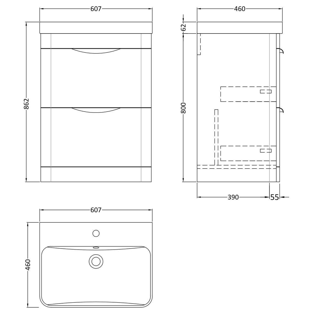 600mm Floor Standing 2 Drawer Vanity & Thin Edge Ceramic Basin