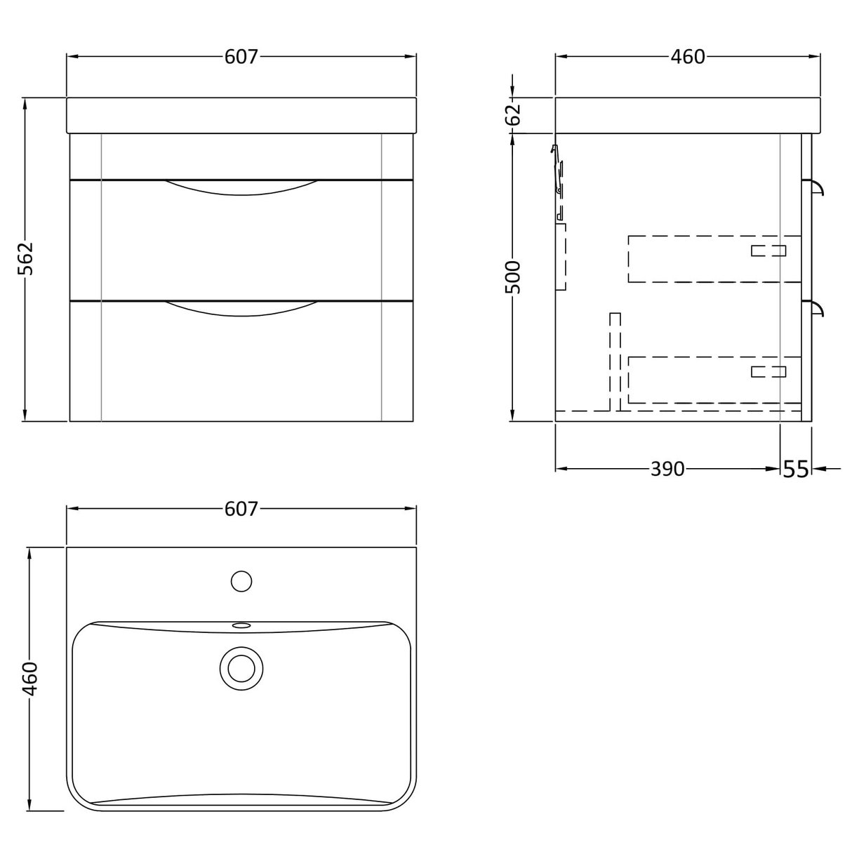 600mm Wall Hung 2 Drawer Vanity & Thin Edge Ceramic Basin