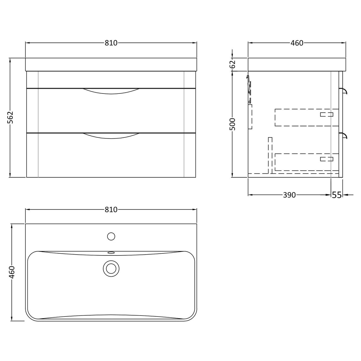 800mm Wall Hung 2 Drawer Vanity & Thin Edge Ceramic Basin
