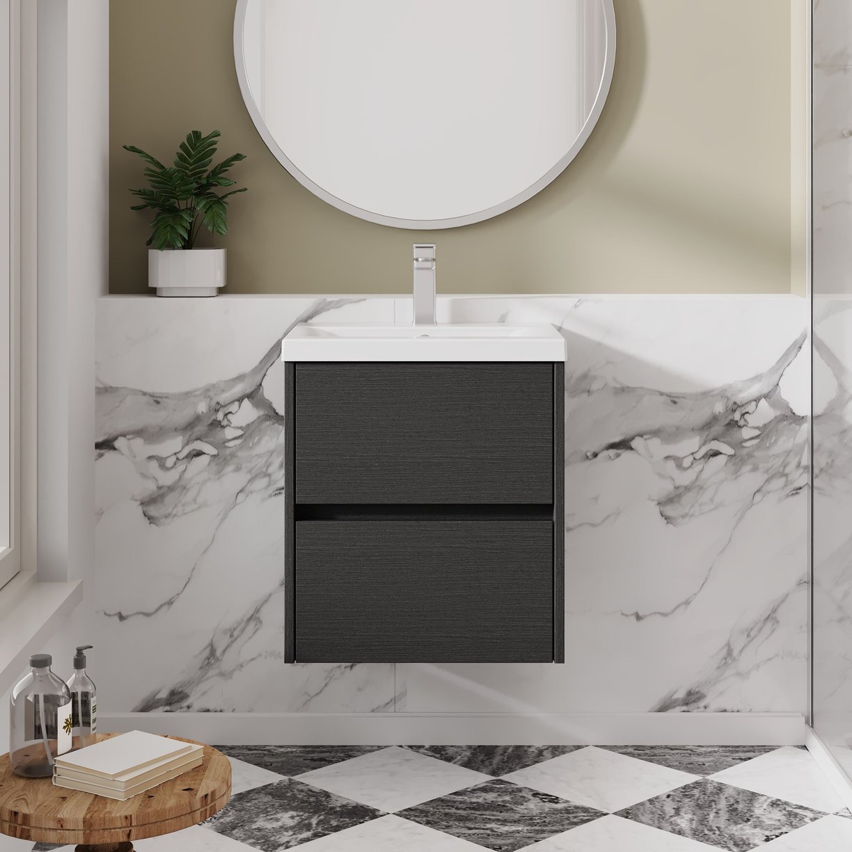 500mm W/H 2-Drawer Unit & Basin 1 - Graphite Grey Woodgrain