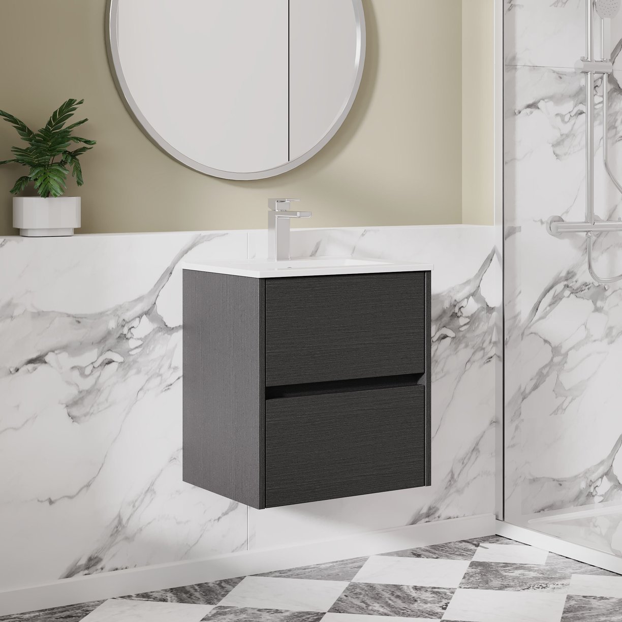 500mm W/H 2-Drawer Unit & Basin 2 - Graphite Grey Woodgrain
