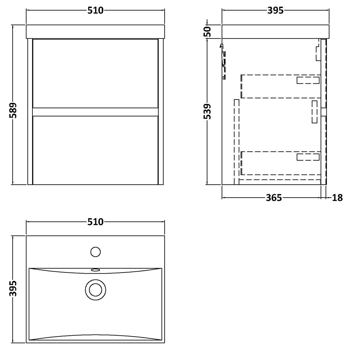 500mm W/H 2-Drawer Unit & Basin 3 - Graphite Grey Woodgrain