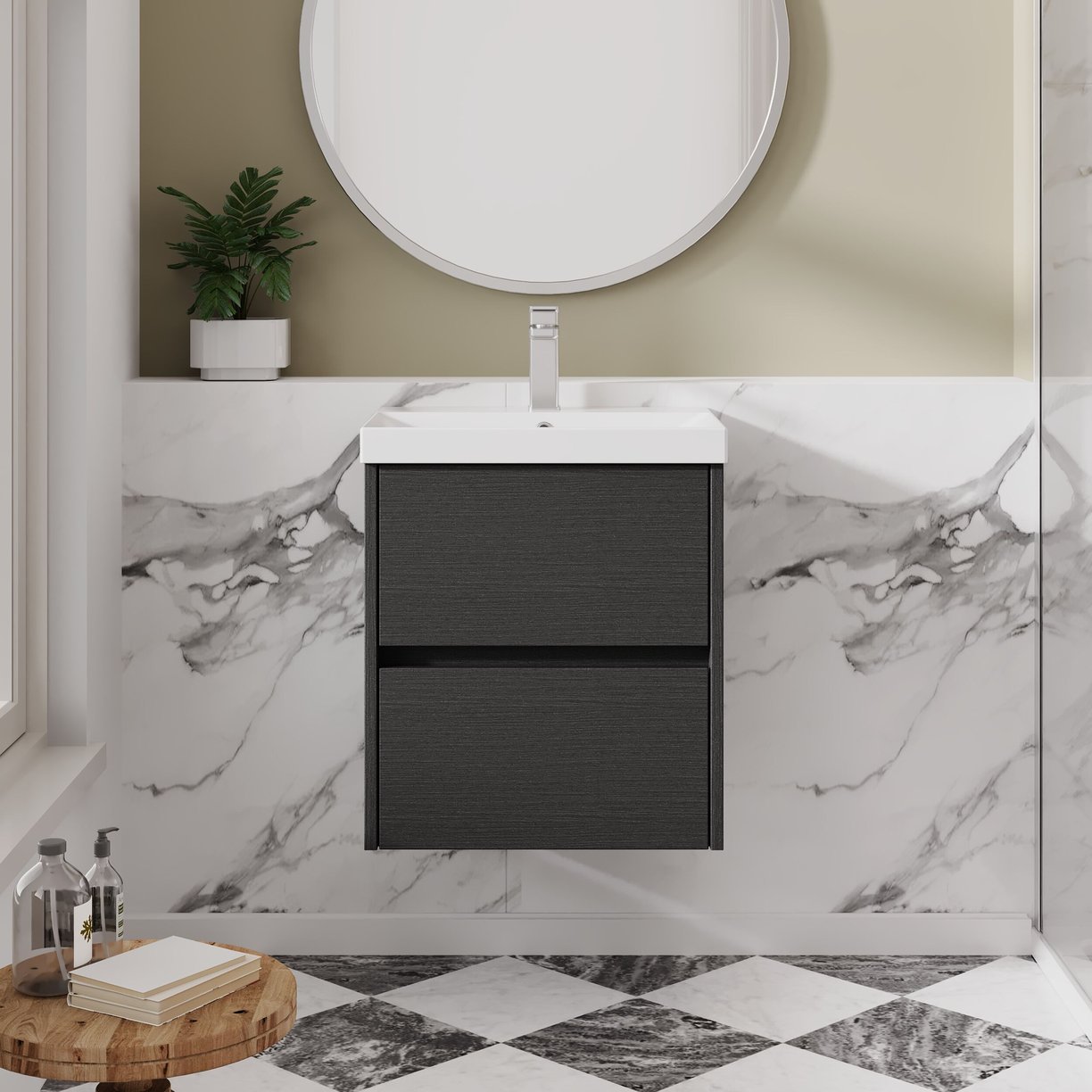 500mm W/H 2-Drawer Unit & Basin 3 - Graphite Grey Woodgrain