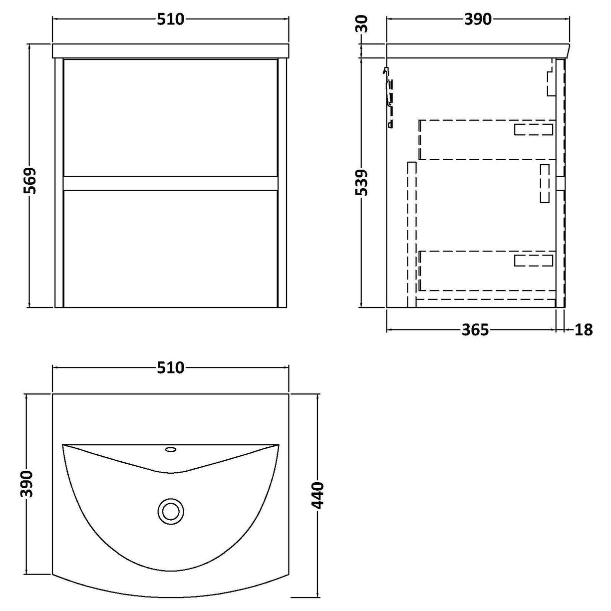 500mm W/H 2-Drawer Unit & Basin 4 - Graphite Grey Woodgrain