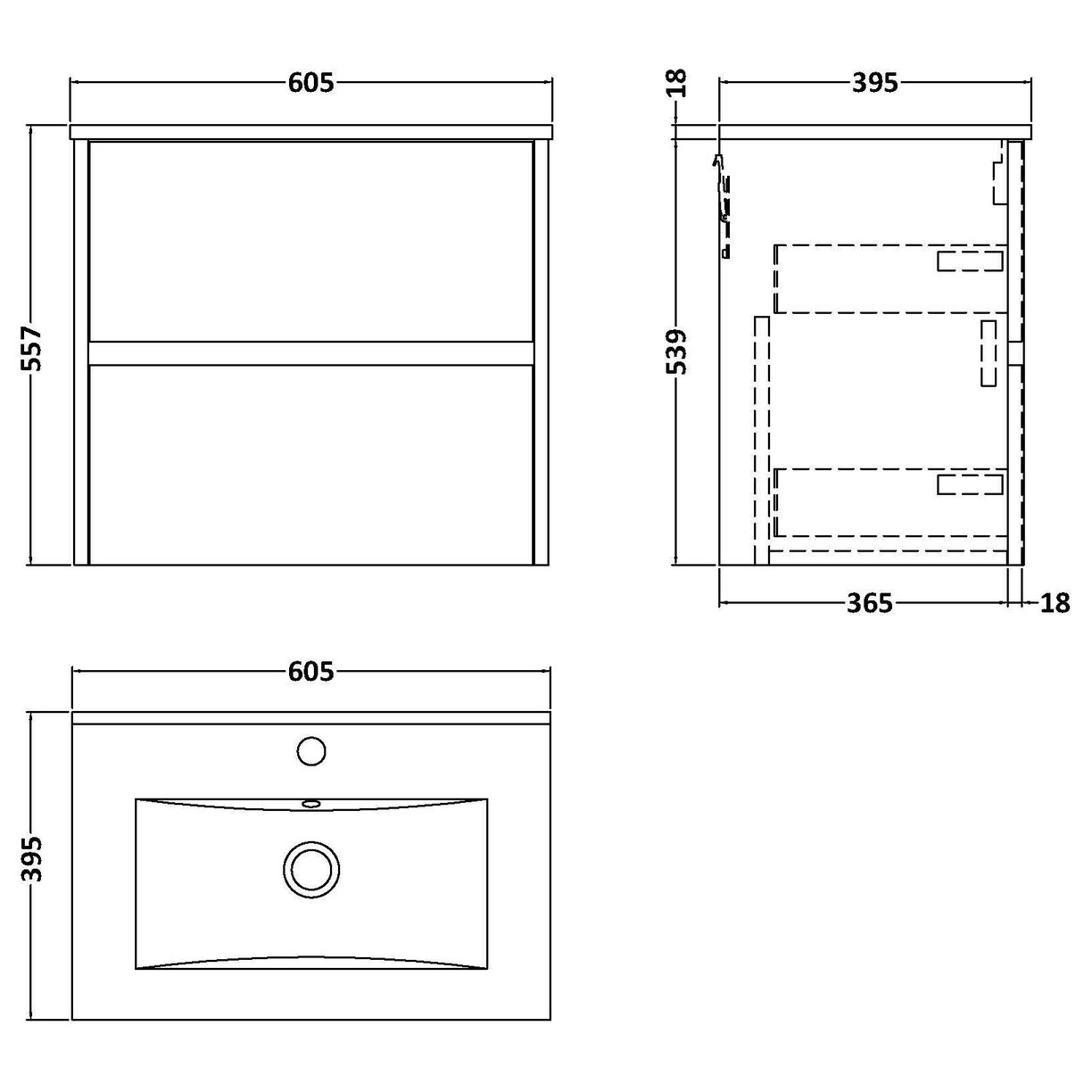 600mm W/H 2-Drawer Unit & Basin 2 - Graphite Grey Woodgrain