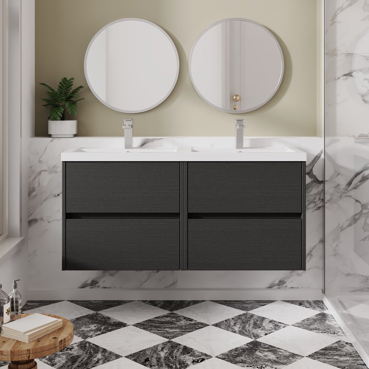1200mm W/H 4-Drawer Unit & Double Basin - Graphite Grey Woodgrain