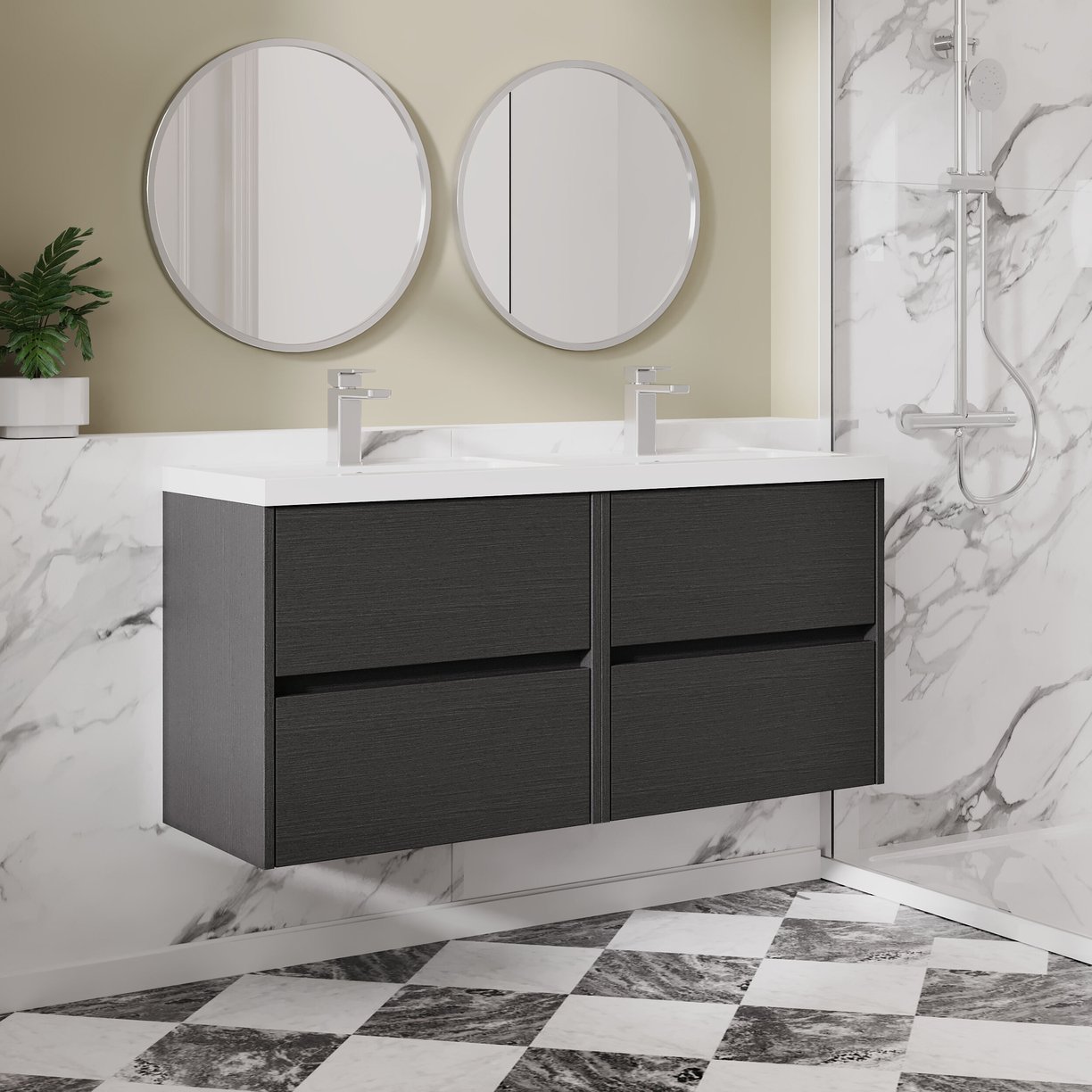 1200mm W/H 4-Drawer Unit & Double Basin - Graphite Grey Woodgrain