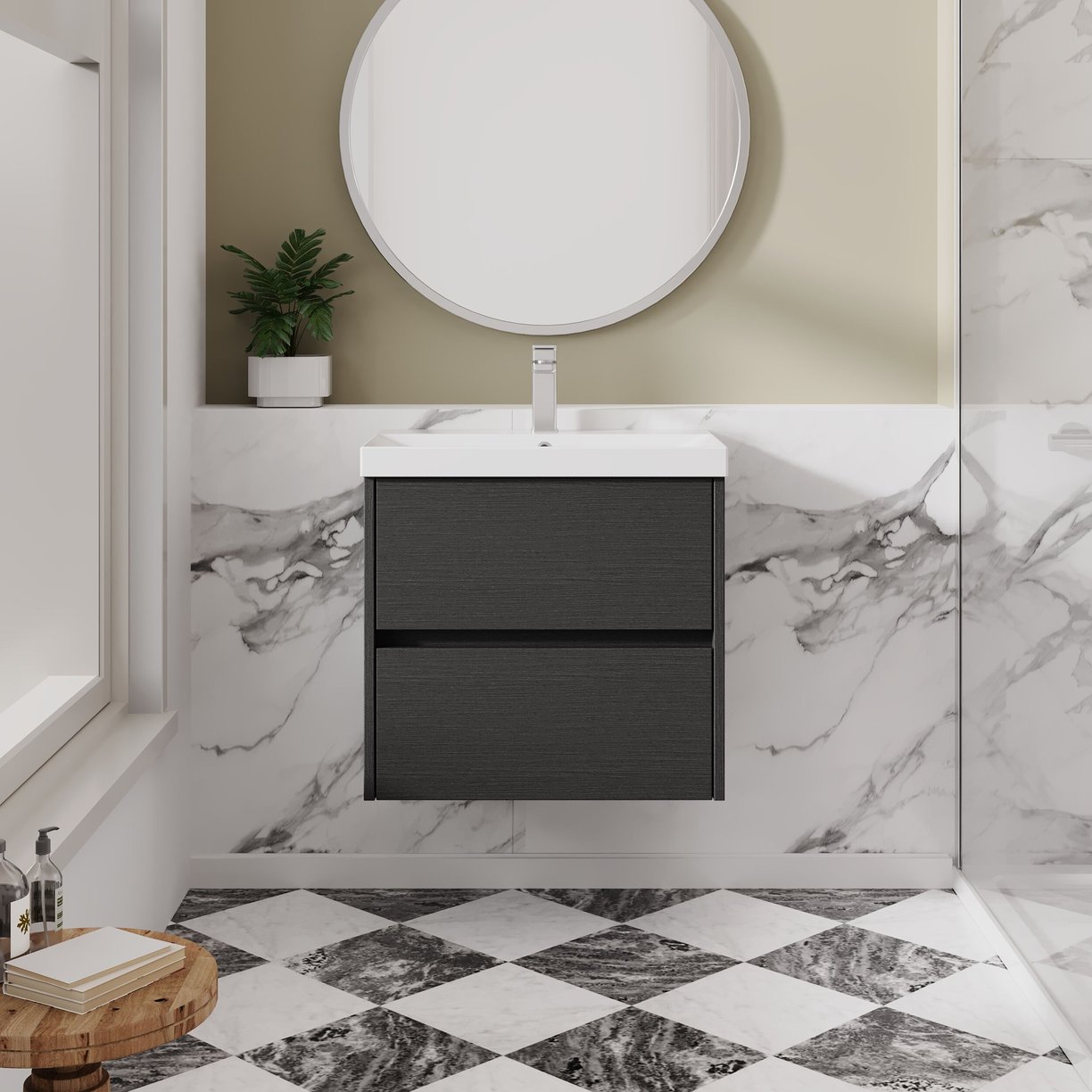 600mm W/H 2-Drawer Unit & Basin 3 - Graphite Grey Woodgrain